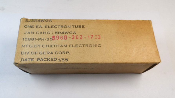 NOS Chatham JAN 5R4WGA military rectifier tube in original box. Part 5960-262-1703, 1955 date code. Rugged "potato masher" design with black plates. Fully tested strong on B&K Dyna-Quik 700. Premium choice for vintage hi-fi amps, guitar amplifiers, and military electronics restorations. High-reliability 1950s tube from trusted seller.