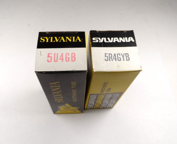 NOS Sylvania 5U4GB and 5R4GYB rectifier tubes in original boxes—perfect short versions for Collins 516F-2 power supply. Tested strong USA-made vintage rectifiers for ham radio, hi-fi, and tube amps. Authentic NOS pair from our nationwide inventory—reliable restoration quality.