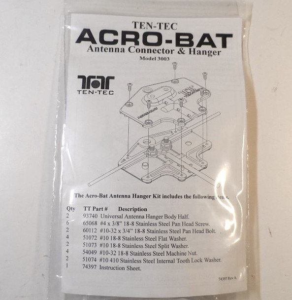 Ten-Tec Model 3003 Acro-Bat Antenna Connector & Hanger. UV-resistant polycarbonate center insulator for dipoles, inverted-V wire antennas. Supports ladder line or coax (RG8X/RG58). Durable stainless hardware, outdoor rated. Genuine Ten-Tec accessory, great for ham radio antenna projects.