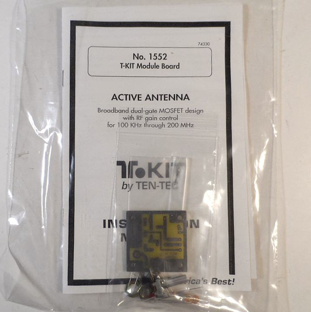 Ten-Tec Model 1552 T-Kit Active Antenna unbuilt module board. Boosts short wire or whip for excellent HF reception. Gain control, 6-15VDC, compact design. Ideal portable or indoor SWL solution. Genuine Ten-Tec T-Kit.