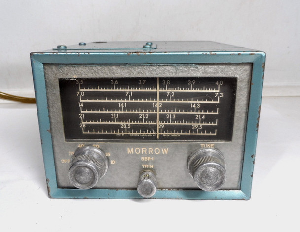 Rare 1954 Morrow 5BR-1 compact 5-band HF receiver covering 10, 15, 20, 40, and 75 meters. This vintage Morrow Radio Manufacturing mobile ham receiver is perfect for collectors of classic amateur radio gear. Requires external power; ideal for restoration or display. Very scarce piece of 1950s ham radio history from the Morrow line.