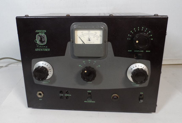 Excellent E.F. Johnson Viking Adventurer CW transmitter in great cosmetic condition with proven output on 40 meters. Classic 1950s novice transmitter covering 80-10 meters, approximately 50W input. Features SO-239 rear connector upgrade. Perfect working vintage ham radio transmitter for CW enthusiasts and collectors.