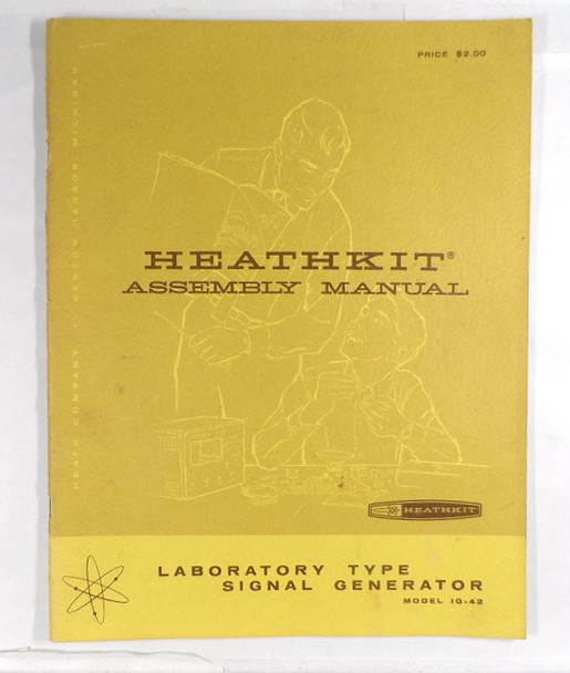 Original Heathkit IG-42 Laboratory Signal Generator Assembly Manual with all sub-booklets and large schematics for sale. Complete used factory manual for this classic RF signal generator (100 kHz to 30 MHz). Essential for vintage test equipment restoration. Ships from Nationwide Radio & Equipment.
