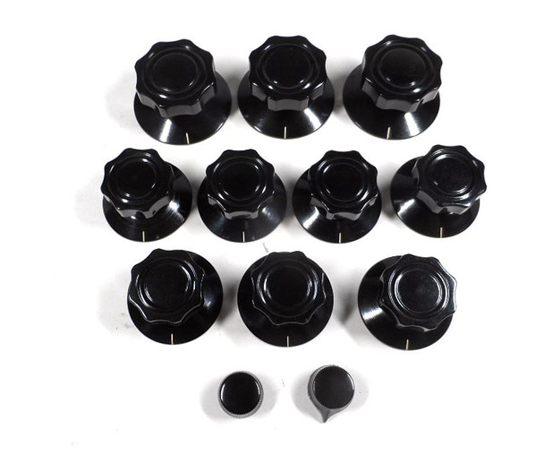 NOS Dakaware black phenolic knob set for Collins 51J & R-388/URR receivers (less two large band/tuning knobs). Original-style brass-insert knobs for authentic restoration. Perfect for ham radio collectors.