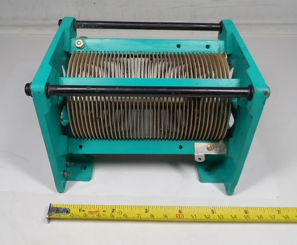 Harris-style green plastic frame roller inductor, 1.6–35 µH, silver-plated flat ribbon coil with double internal contacts, ¼″ shaft. Ideal for HF antenna tuners & amplifiers.
