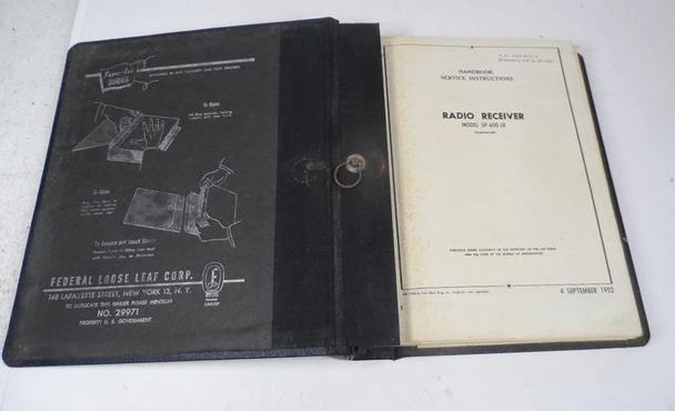Original 1952 U.S. military Handbook Service Instructions for Hammarlund SP-600-JX radio receiver, T.O. 31R2-4-17-2 (formerly AN 16-45-222). Excellent condition in authentic Federal Loose Leaf Corp. Super-Lok binder No. 29971. Covers early SP-600-JX (and related SP-600-J) models – 20-tube general-purpose HF communications receivers, 0.54–54 MHz, dual conversion, crystal control options. Includes detailed circuit descriptions, schematics, wiring diagrams, alignment, and maintenance procedures. Published under authority of the Secretary of the Air Force and Chief of the Bureau of Aeronautics. Rare original military technical order ideal for collectors, restorers, and operators of classic Super-Pro boat anchors and R-274 series receivers. Complete with original binder.