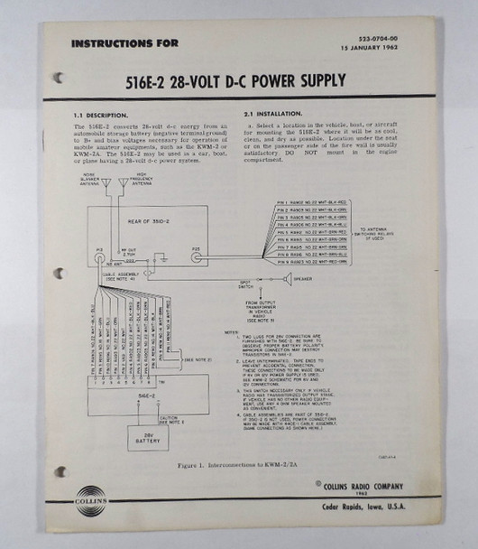 Collins 516E-2, 28 Volt Power Supply Manual Reproduction Jan 1962