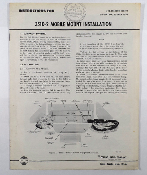 Collins 351D-2 KWM-2 Mobile Mount Original Instruction Sheets May 1964 #2