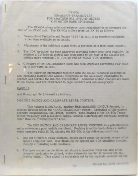 Hammarlund RARE HX-50A Transmitter Original Instruction & Service Manual