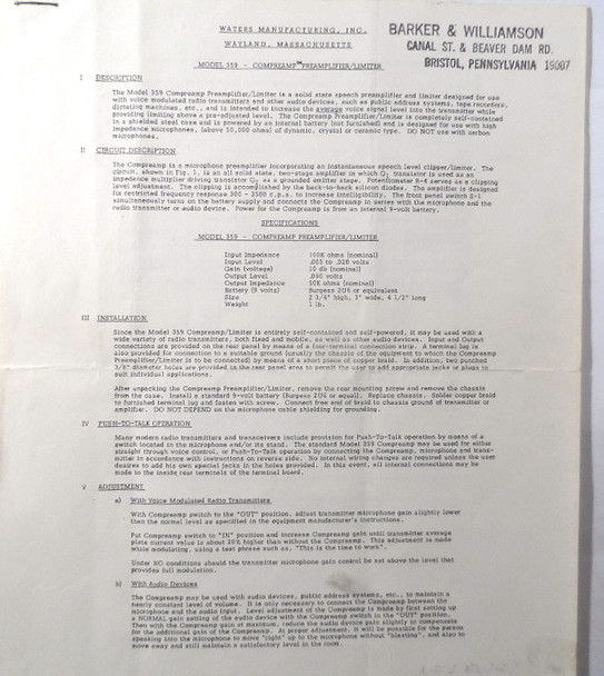 Waters Model 359 Compreamp Speech Amplifier / Limiter Original Instruction & Installation Manual Copy
