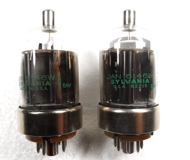 Pair (2) of genuine Sylvania JAN 6146W NOS beam power tetrode vacuum tubes, date codes March 1968 and August 1970. Tested 100% on Dynascan tube tester in excellent cosmetic condition with original boxes. Rugged military-spec replacements for 6146/6146A/6146B. Ideal for Kenwood hybrids, Drake, Collins, and vintage HF transmitters. Premium USA-made tubes from Nationwide Radio & Eq Sales LLC.