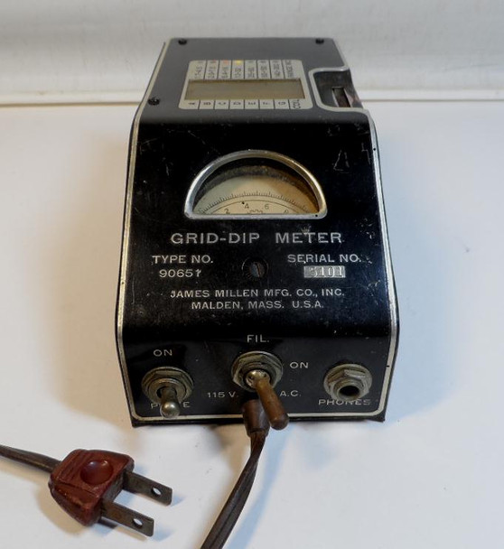 Discover the classic James Millen 90651 grid dip meter in GOOD condition with full factory coil set and original plastic carry case. Serial 5101 vacuum tube GDO covers 1.7-300 MHz for antenna tuning, resonance checks, and more. Ideal vintage ham radio test instrument