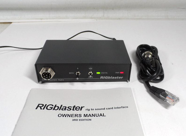 West Mountain Radio RigBlaster M8 sound card interface in [your condition, e.g., excellent/working] condition. Connects your ham transceiver to a computer for all popular digital modes including PSK31, FT8, RTTY, SSTV, Olivia, JT65, packet, and more. Features adjustable audio levels, serial PTT control (DB25), mic pass-through with internal jumpers for broad radio compatibility, and VOX option. Includes power adapter and [mention any cables/manual]. Compatible with most Yaesu, Icom, Kenwood, Alinco radios (and others) via proper mic cable. Works with Windows/Mac/Linux sound card software. Classic, reliable interface for digital operating.