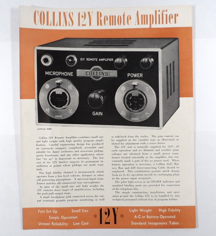 Collins 12Y Remote Amplifier 2 Page Promotional Brochure in Excellent ...