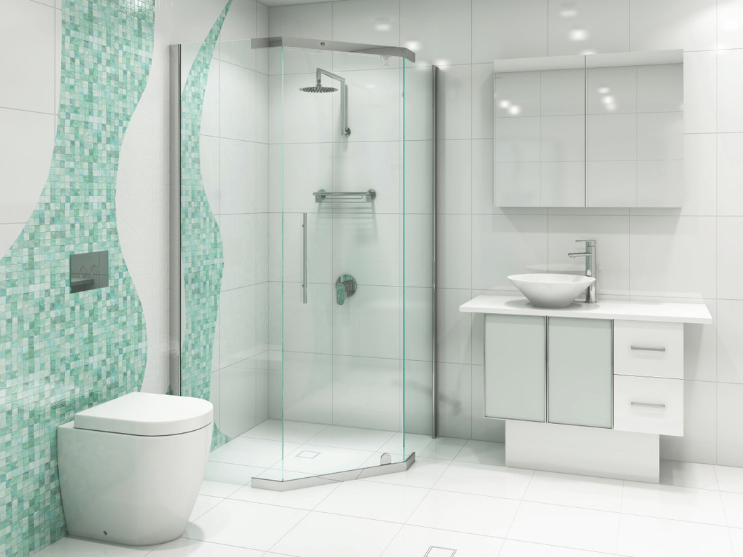 Refreshing green zinger bathroom with mosaic tiling.