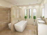 Timeless travertine bathroom. Classic luxury.