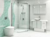 Refreshing green zinger bathroom with mosaic tiling.