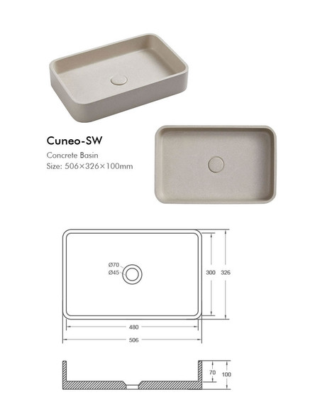 Cuneo 506x326x100mm Rectangular Concrete Basin (Inc. Waste) White Sandstone