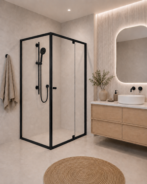 PACEY SEMI-FRAME CORNER PIVOT DOOR SHOWER SCREEN MATT BLACK
