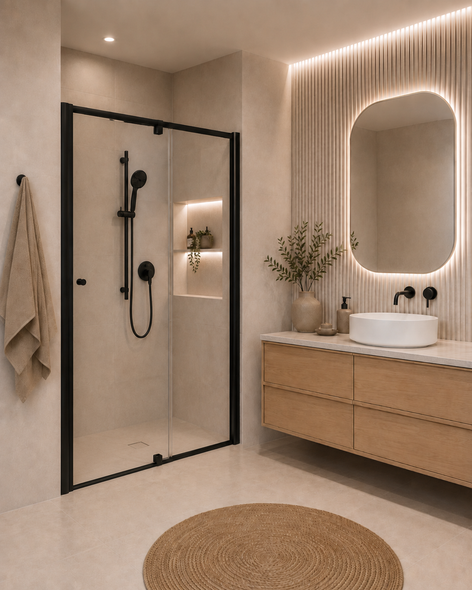 PACEY SEMI-FRAME CORNER PIVOT DOOR SHOWER SCREEN MATT BLACK