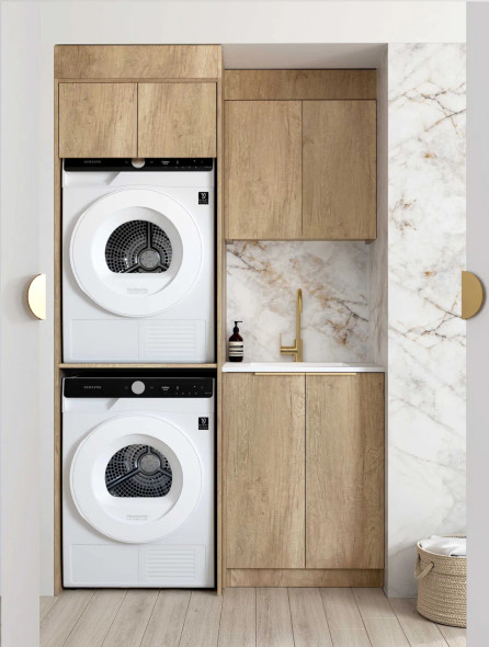 LAUNDRY KIT 1305mm (A) - BYRON/BONDI NATURAL OAK - PURE WHITE STONE TOP