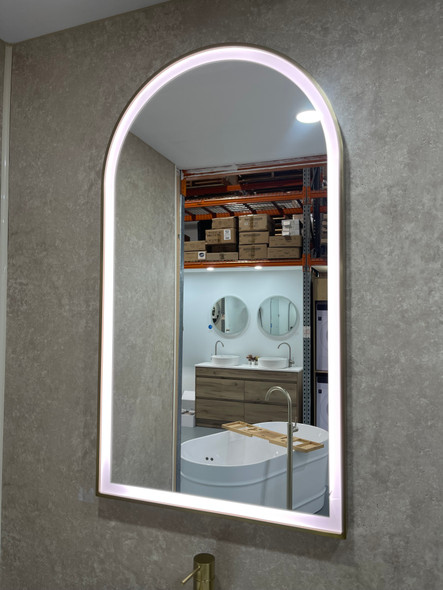 ARIA LED Arch Frontlit Touchless Mirror - 500x900 - Brushed Gold