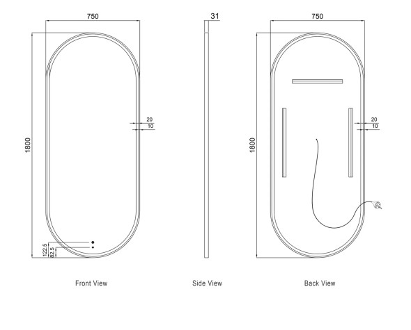 LED NOOSA 1800x750mm WHITE METAL FRAME MIRROR