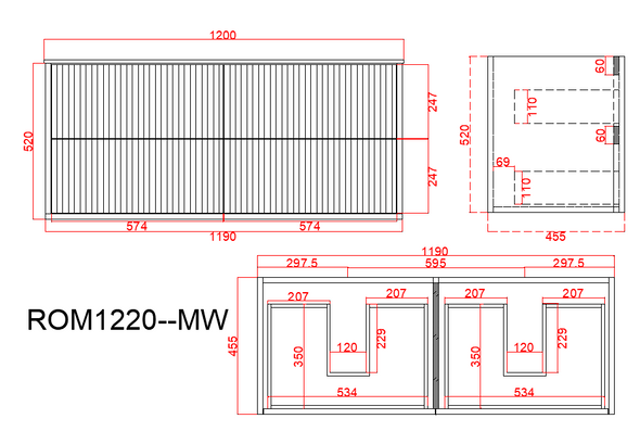 ROME WALL HUNG FLUTED VANITY DOUBLE BOWL 1200mm - MATTE WHITE