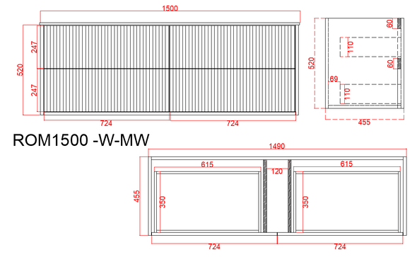 ROME WALL HUNG FLUTED VANITY SINGLE BOWL 1500mm - MATTE WHITE