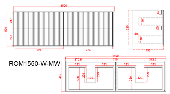 ROME WALL HUNG FLUTED VANITY DOUBLE BOWL 1500mm- MATTE WHITE
