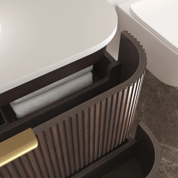 HAVANA 600mm FLUTED CURVED WALL HUNG VANITY - SABLE WALNUT 