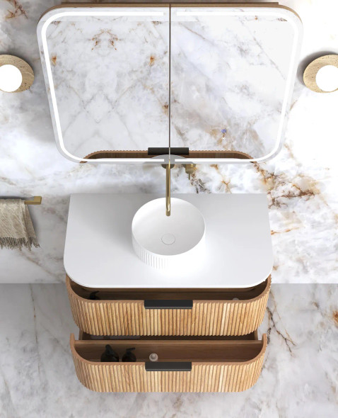 HAVANA 900mm FLUTED CURVED WALL HUNG VANITY - WOODLAND OAK