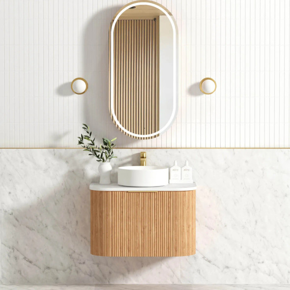BONDI WALL HUNG FLUTED CURVE VANITY 750mm - WOODLAND OAK (GOLD HANDLE)
