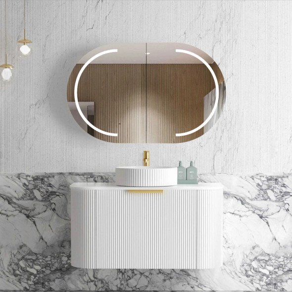 BONDI WALL HUNG FLUTED CURVE VANITY 900mm - SATIN WHITE (GOLD HANDLE)