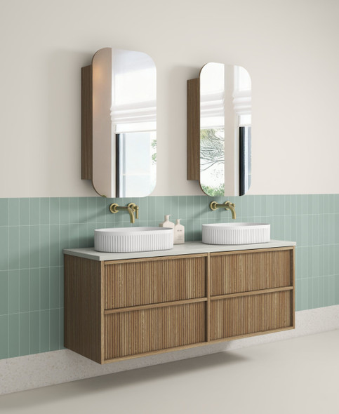 VENETTA FLUTED FRAMED WALL HUNG VANITY 1500MM (S/D) HARVEST OAK 