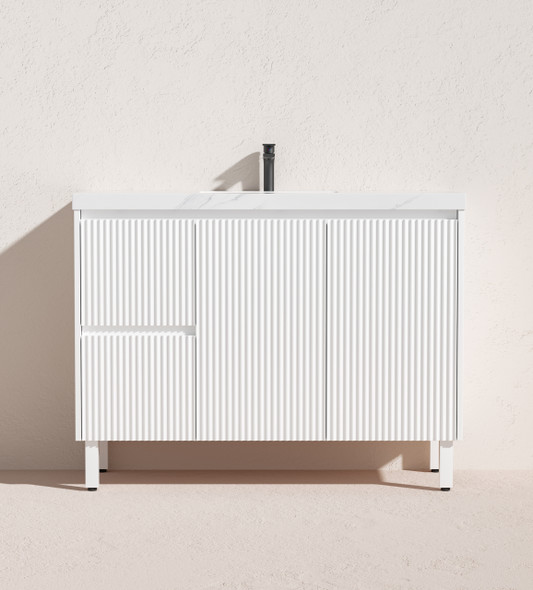 BRIGHTON FLUTED VANITY ON LEGS 1200mm LEFT DRAWS - MATTE WHITE