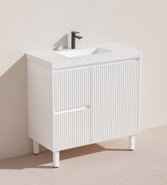 BRIGHTON FLUTED VANITY ON LEGS 900mm LEFT DRAWS - MATTE WHITE