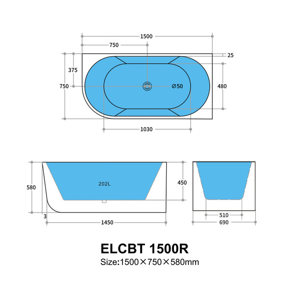 ELIVIA RIGHT CORNER BACK TO WALL BATH 1500 - GLOSS WHITE