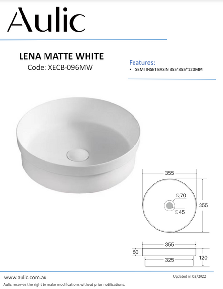 AULIC LENA MATT WHITE SEMI INSET BASIN 355*355*120MM