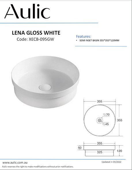 AULIC LENA GLOSS WHITE SEMI INSET BASIN 360*360*120MM