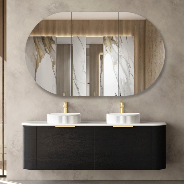 BONDI 1500mm WALL HUNG CURVE VANITY - BLACK OAK (GOLD HANDLE)