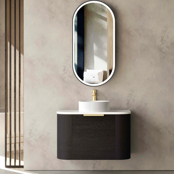 BONDI 750mm WALL HUNG CURVE VANITY - BLACK OAK (GOLD HANDLE)