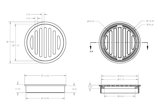 STANDARD BRASS ROUND FLOOR WASTE 100mm MATTE BLACK