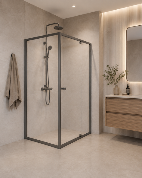 PACEY SEMI-FRAME CORNER PIVOT DOOR SHOWER SCREEN GUN METAL