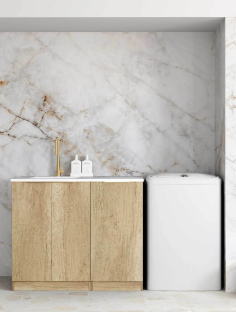LAUNDRY BASE CAB KIT - 1060mm - BYRON/BONDI NATURAL OAK - PURE WHITE STONE TOP
