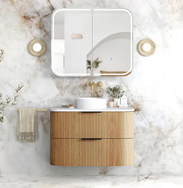 HAVANA 900mm FLUTED CURVED WALL HUNG VANITY - WOODLAND OAK