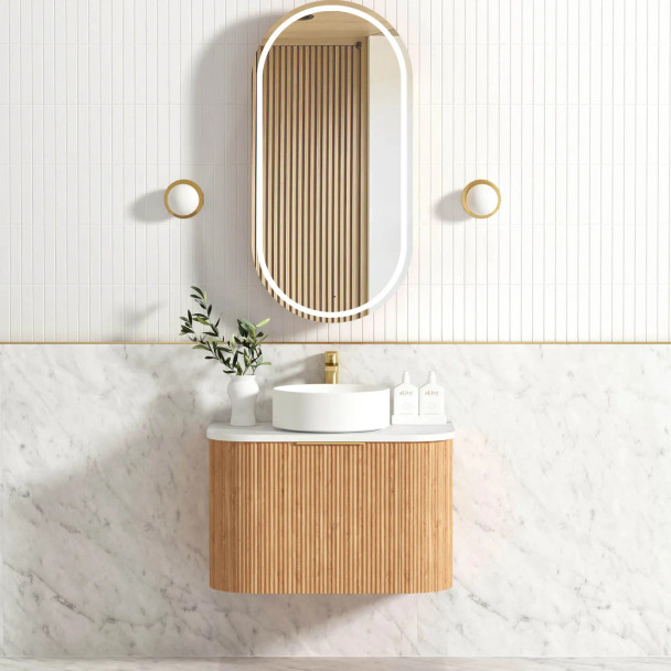 BONDI WALL HUNG FLUTED CURVE VANITY 750mm - WOODLAND OAK (GOLD HANDLE)