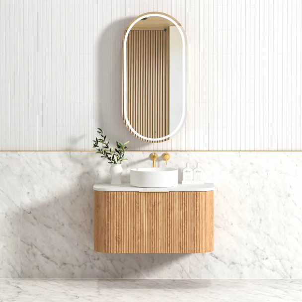 BONDI WALL HUNG FLUTED CURVE VANITY 900mm - WOODLAND OAK (GOLD HANDLE)