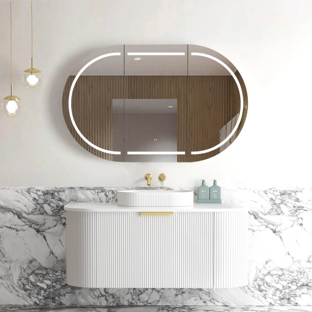 BONDI WALL HUNG FLUTED CURVE VANITY 1200mm - SATIN WHITE (GOLD HANDLE)