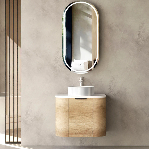 BONDI CURVED WALL HUNG VANITY 600mm - NATURAL OAK (BLACK HANDLE)